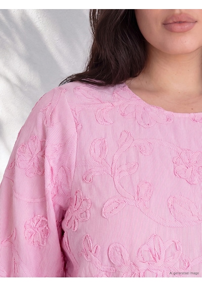 Lcw Curve Pembe Büyük Beden Bisiklet Yaka Nakışlı Bluz
