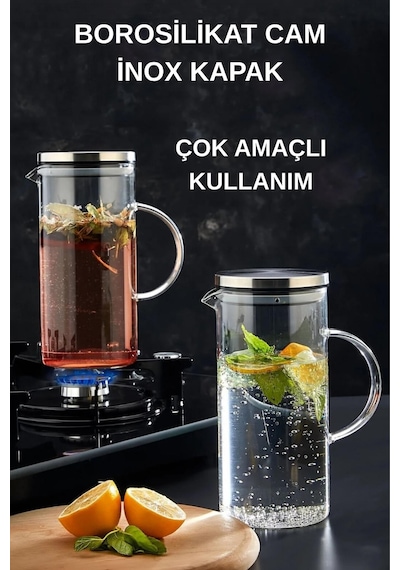 Çelik Kapaklı Vakumlu Borosilikat Cam Yağlık Sirkelik Sütlük Sürahi 1500 Ml Şeffaf