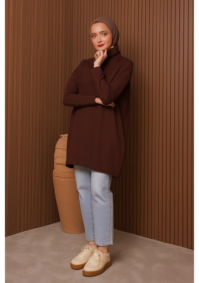 Balenbi Kadın Dik Yaka Basic 80cm Salaş Oversize Triko Tunik 1145 Kahverengi