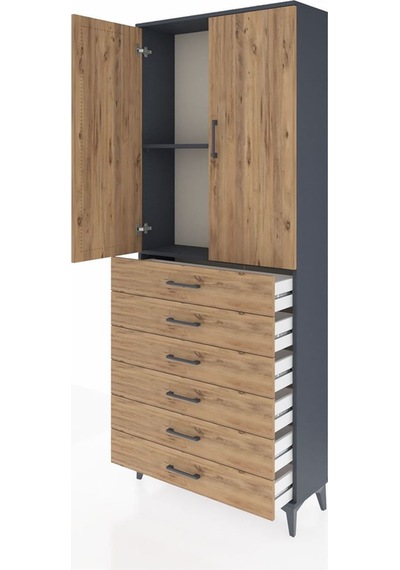 Arges Dolap 2 Raflı 6 Çekmeceli 2 Kapaklı 88x30x221 Antrasit-çam Antrasit