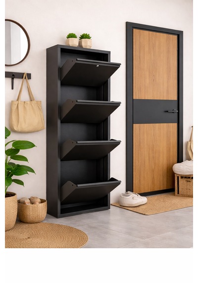 Avenza Living Kilitli 4 Kapaklı Metal Ayakkabılık - Beyaz Antrasit