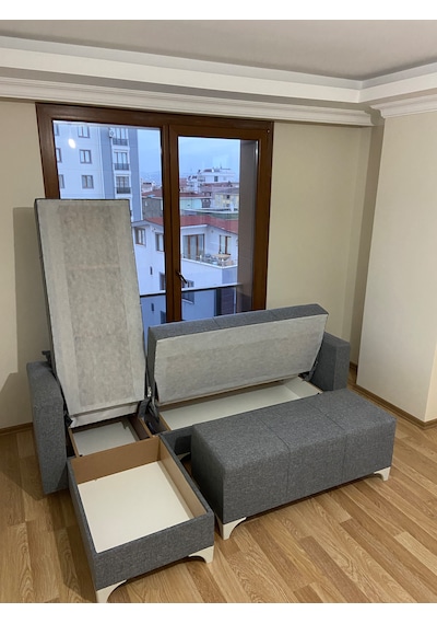 Açık Gri Keten Köşe Koltuk Takımı+puf