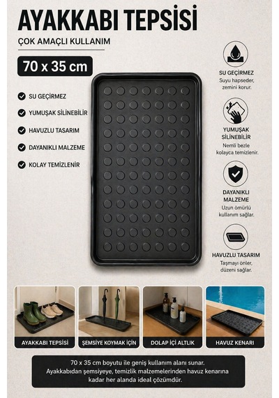 Çok Amaçlı Havuzlu Mat 70x35 Cm Ayakkabı Tepsisi Şemsiye Altlığı Dolap İçi Organizer Su Geçirmez Siyah