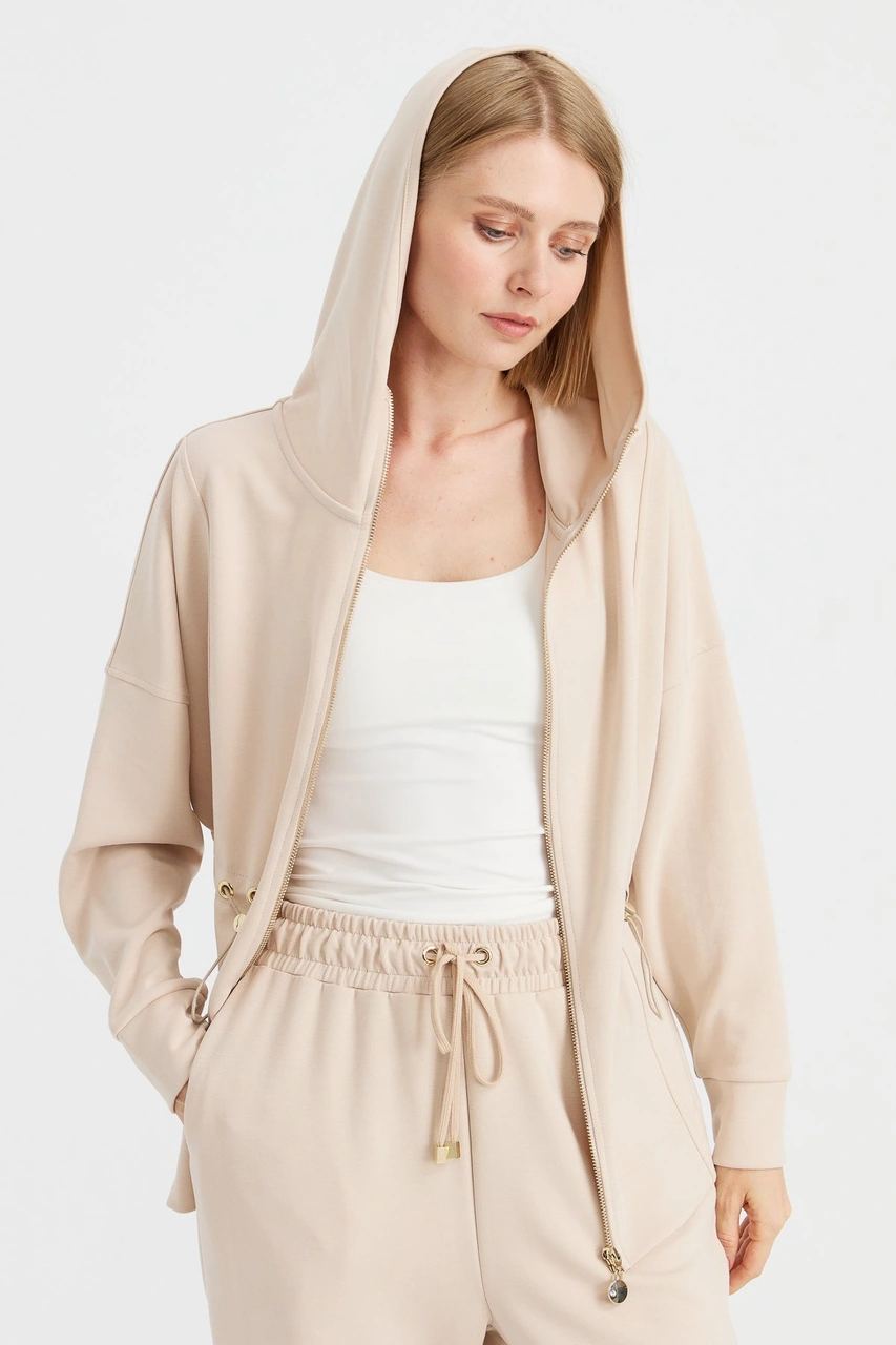 Kadın Kapüşonlu Beli Büzgülü Sweat Bej Bej