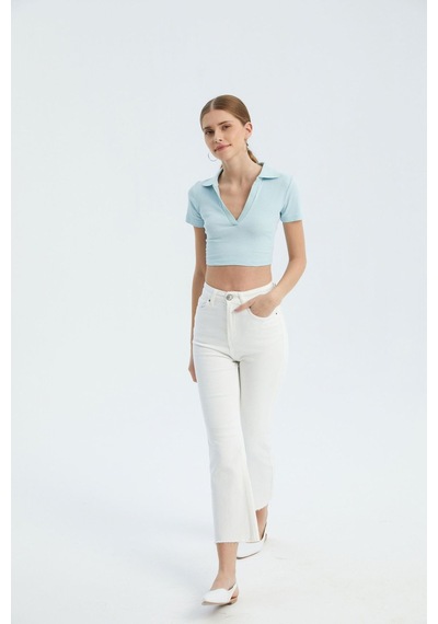 Hiccup V Yakalı Polo Crop Top Mavi