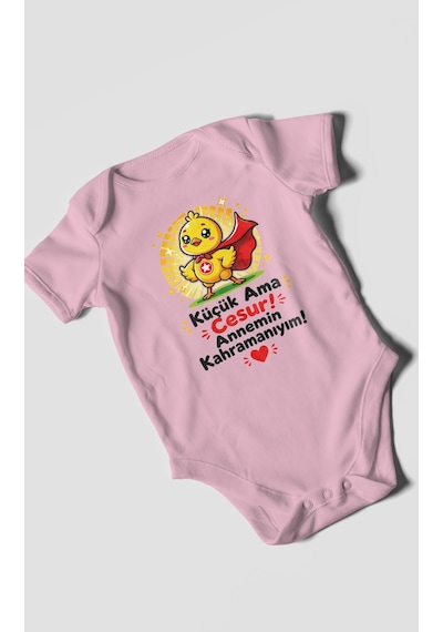 Morivokids Küçük Ama Cesur Annemin Kahramanıyım Kısa Kollu Bebek Body %100 Pamuk Koyu Pembe
