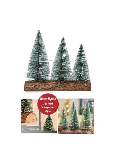 3 Lü Set Nevada Mini Çam Ağaçları Meşe Kütük Üzerinde Yılbaşı Hediyesi 16-12-10 Cm