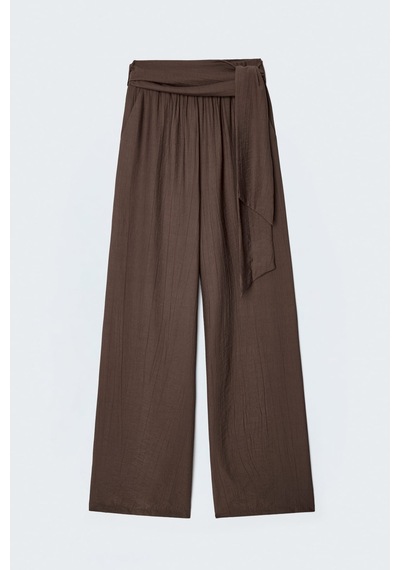 Sateen Kuşaklı Pantolon - Kahve-137696