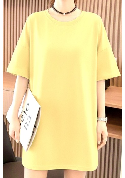Fish And Cat Kadın Oversize Basic Bisiklet Yaka Pamuklu T-shirt Rahat Kesim Unisex Sari