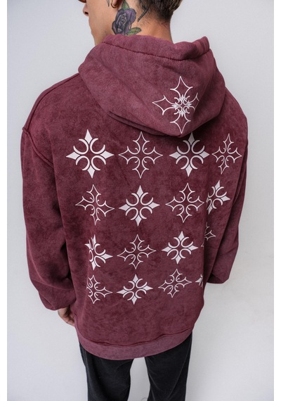 Respire Erkek Muse Baskılı Yıkamalı Kapüşonlu Oversize Hoodie Bordo