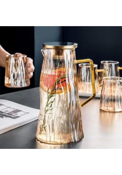 Morponi Borosilikat Cam Metal Kapaklı Lüks Cam Sürahi 1800 Ml Amber Dalgalı Mt
