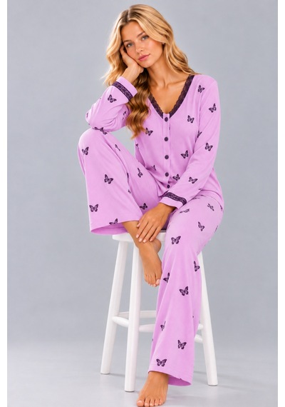 Pijamask Kadın Çiçek Ve Kelebek Desenli V Yaka Düğmeli Uzun Kollu Kaşkorse Pijama Takımı Lila-17 Pijamask Kadın Çiçek Ve Kelebek Desenli V Yaka Düğmeli Uzun Kollu Kaşkorse Pijama Takımı Lila-17