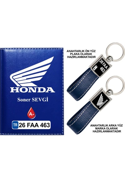 Plakanıza Özel Honda Motor Logolu Lacivert Ruhsat Kabı Ve Anahtarlık
