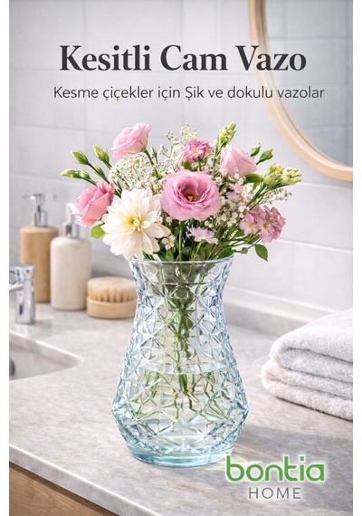 Kesitli Cam Vazo Şık Dekoratif Çiçek Vazosu Modern Tasarım, Dayanıklı Cam Şeffaf