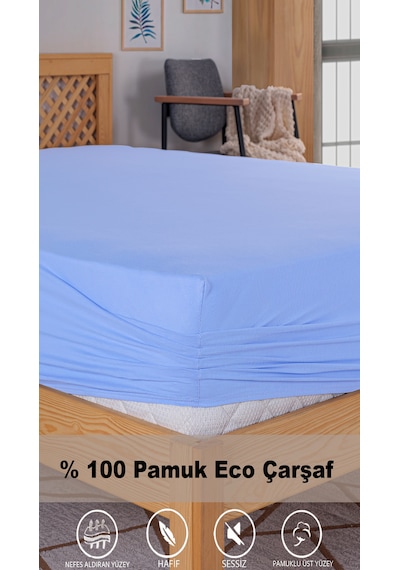 Penye Lastikli Çarşaf, 100 200 Tek Kişilik %100 Pamuk Örme Kumaş, 145 Gr/m² Mavi