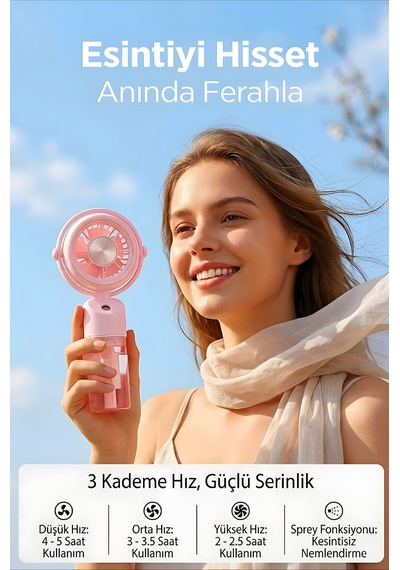 Taşınabilir Şarjlı Su Püskürtmeli 3 Kademeli Mini El Fanı Pembe