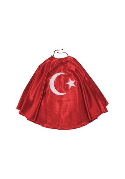 Bebegen Kırmızı Saten Ay Yıldız Baskılı El Geçirmeli 23 Nisan Pelerin Çok Renkli