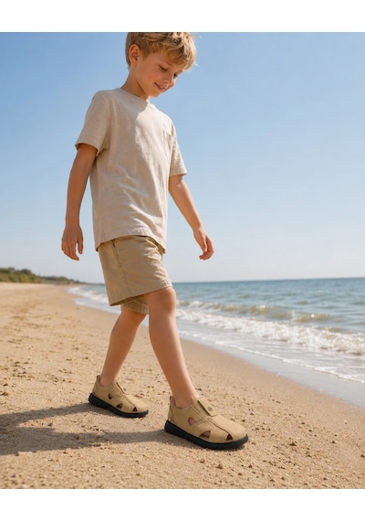 Rks Shoes Çocuk Sandalet Lastikli Rahat Kullanım Deri Bej