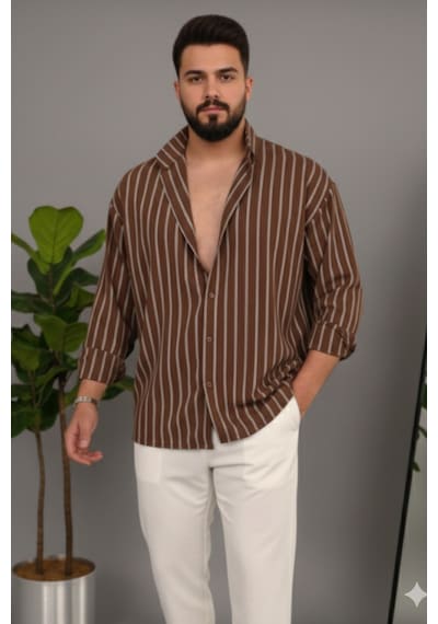 Erkek İki Çizgili Regular Relaxed Fit Uzun Kollu Gömlek Kahverengi