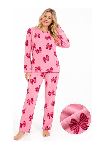 Sleeeproom Kadın Süet Mevsimlik Kurdele Desen Pijama Takımı Pembe - Kırmızı