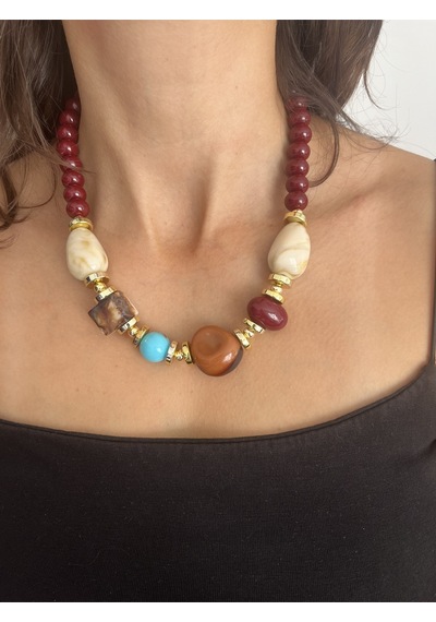 Kadın Tasarım Boncuk Renkli Taş Detaylı Doğaltaş Kolye Bordo
