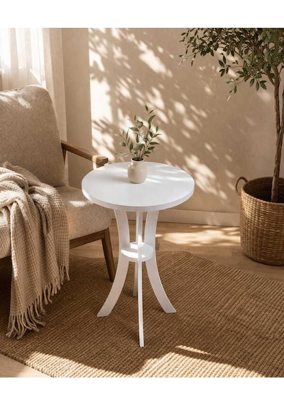 Fiskos Beyaz Yan Sehpa 50 Cm Çap - 60 Cm Yükseklik Modern Zigon Yan Sehpa Beyaz