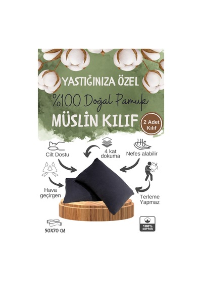 4 Katlı Müslin Yastık Kılıfı Antrasit 50x70cm 2adet