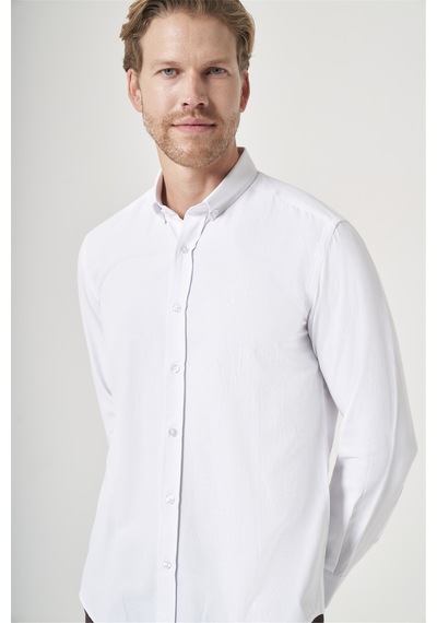 İmza Beyaz Düğmeli Yaka Oxford Slim Fit Pamuklu Gömlek 1004265284