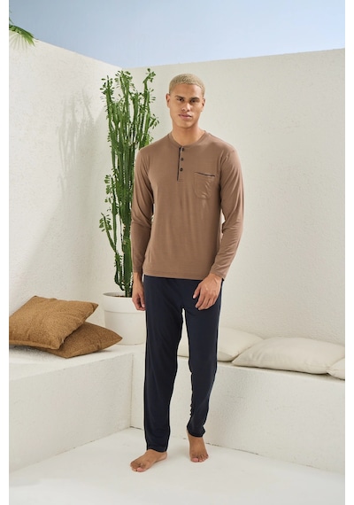 Angbutik Kocabey 9220 Erkek Midi Yaka Uzun Kol Pijama Takım Çok Renkli