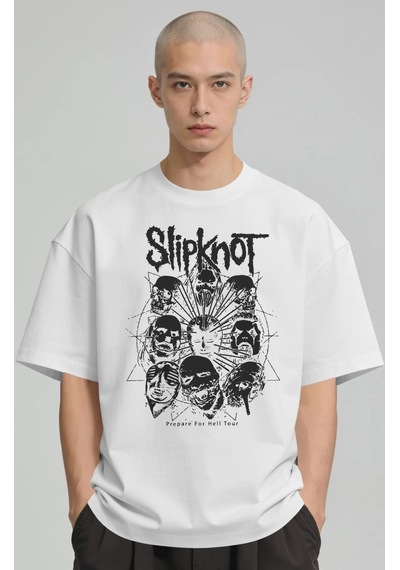 Slipknot Rock Metal Müzik Grubu Baskılı Unisex Oversize Premium T Beyaz