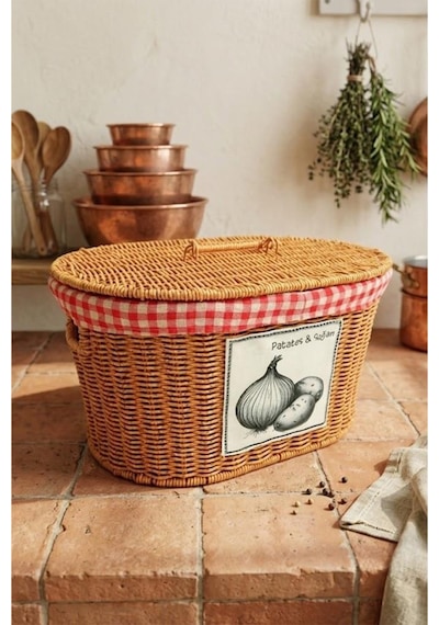 Atbyhome Oval Rattan Hasır Patates Soğan Çift Bölmeli Sepet Düzenleyici Organizer Kahverengi