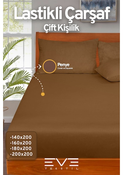 Fitted Yüksek Kaliteli Penye Kumaş Çift Kişilik Lastikli Çarşaf Kahverengi