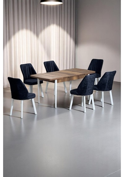 Sera Ceviz 80 x 132 Açılabilen MDF Masa Beyaz Metal Ayaklı Mutfak Masası 6 Siyah Sandalye Sera Ceviz 80 x 132 Açılabilen MDF Masa Beyaz Metal Ayaklı Mutfak Masası 6 Siyah Sandalye
