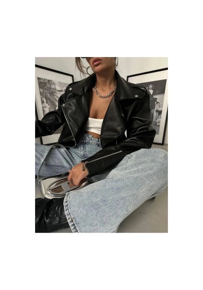 Candybia Kadın Oversize Biker Deri Ceket Siyah Siyah