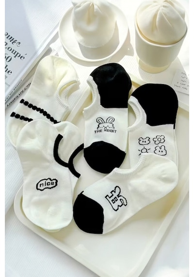 Hitit Socks Kadın 5 Çift Premium Karikatür Ve Harf Desenli Yüksek Pamuklu Görünmez Babet Çorap Çok Renkli