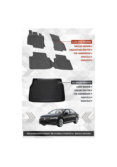 Sahler Volkswagen Passat B8 2015-2023 Uyumlu 4.5d Premium Havuzlu Oto Paspas Ve Liner Marka 3d Bagaj Havuzu