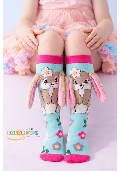 Color Socks 1 Çift Tavşan Peluş Kulaklı Kız Çocuk Çorap Topuksuz Turkuaz