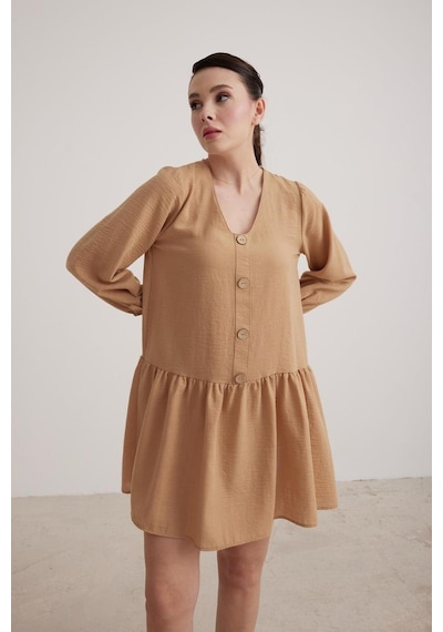 Vos Versa Kadın Kol Bağlama Detaylı Keten Camel Elbise Vvk7260-420-camel