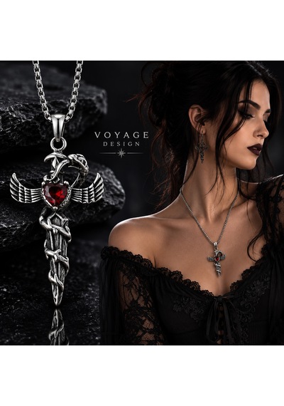 Paslanmaz Çelik Kırmızı Zirkon Taşlı Yılan Kanat Detaylı Gotik Kadın Kolye