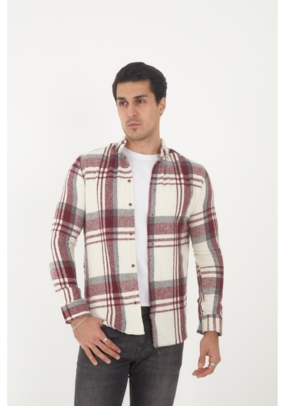 Mcz Giyim Erkek Uzun Kollu Slim Fit Dar Kesim Gömlek Yaka Dokuma Bordo Oduncu Gömlek