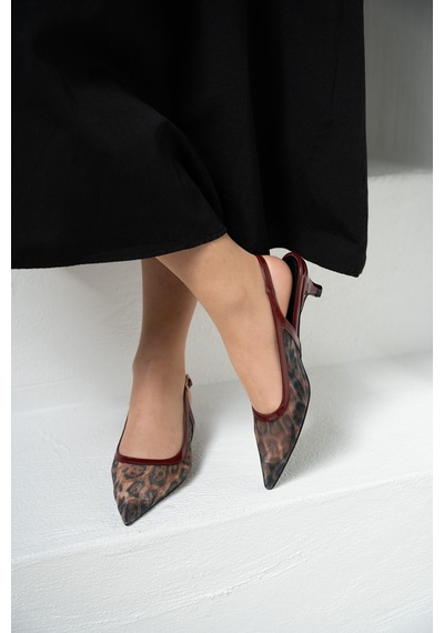 Laminta Front Şeffaf Leopar Desenli Kadın Topuklu Ayakkabı Bordo