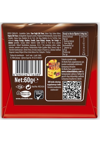Çikolata Sütlü Kare 60 G X 10 Adet