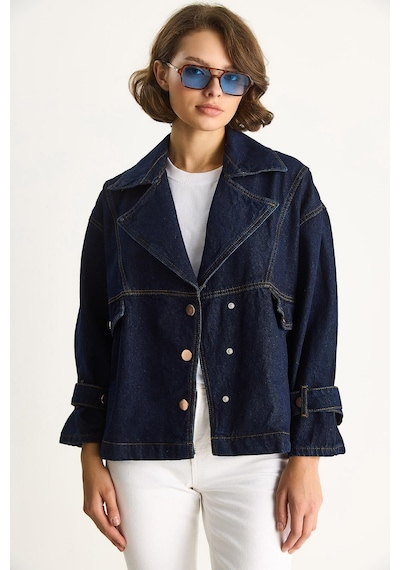 Shade Kadın Geniş Yaka Uzun Kollu Ayarlanabilir Manşetli Denim Ceket 6089 60283543 - Lacivert
