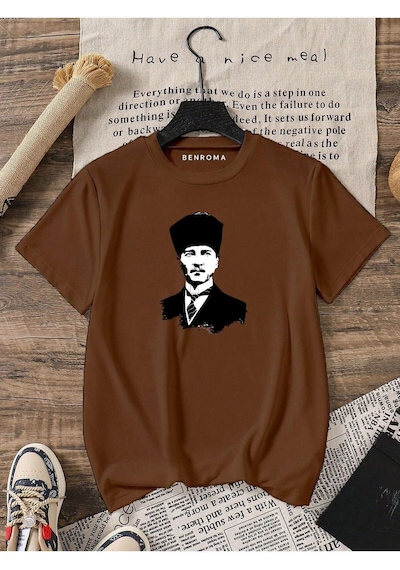 Atatürk Baskılı Oversize Unisex Tişört Kahverengi