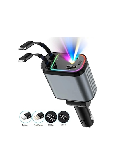 Acl Acc-01 Rgb Işıklı 66w Araç Şarj Cihazı 4in1 Geri Çekilebilir Kablo Type-c + Lightning Yıld