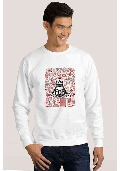 Fob Out Boy Logo Save Rock Baskılı Beyaz Erkek Örme Sweatshirt