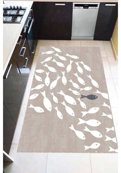 Bej Kaymaz Tabanlı Yıkanan Balık Desenli Mutfak Halısı Ar828n11