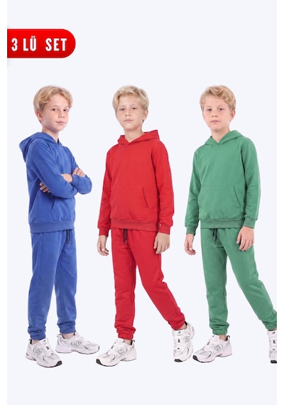 Fyk Kids Erkek Çocuk 3'lü Düz Kanguru Cepli Kapüşonlu Eşofman Takımı Sax-kırmızı-yeşil