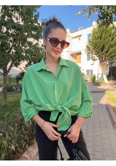 Ali Butik Yeşil Uzun Kol Keten Gömlek