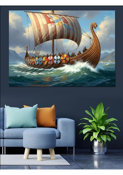 Ahşap Tablo Denizde Yol Alan Viking Gemisi